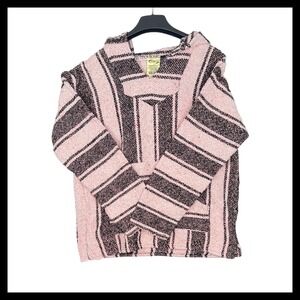 Frank's Baja Hoodie Adult M Pink Black Striped‎ Pullover Festival Hippie Sweater
